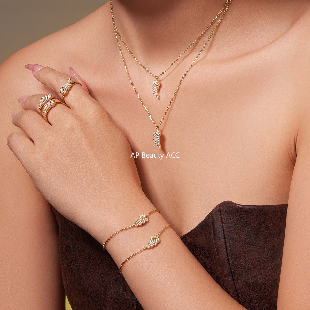 B廠-超閃5A鋯石小翅膀造型手鍊項鍊耳環戒指套裝不鏽鋼鍍18k金「TXP486」25.11-4