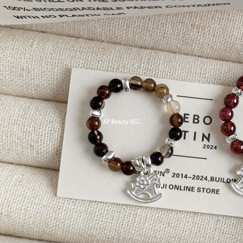 C廠-古風花朵葉子福袋小馬元寶蘋果紅瑪瑙彈力戒指S925純銀戒指女士「RB」25.11-4