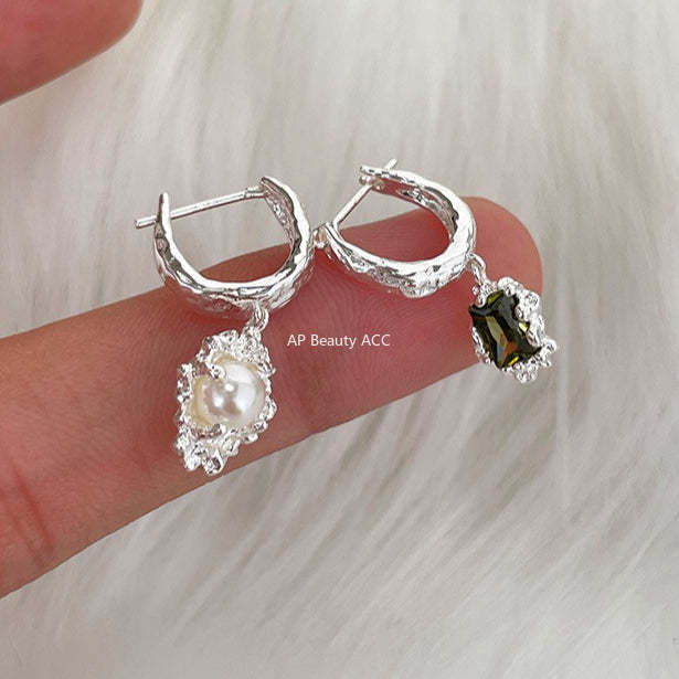 C廠-新中式墨綠鋯石銀針耳環小香風高級感不對稱珍珠耳扣輕奢氣質耳飾「EH-4120」25.10-5