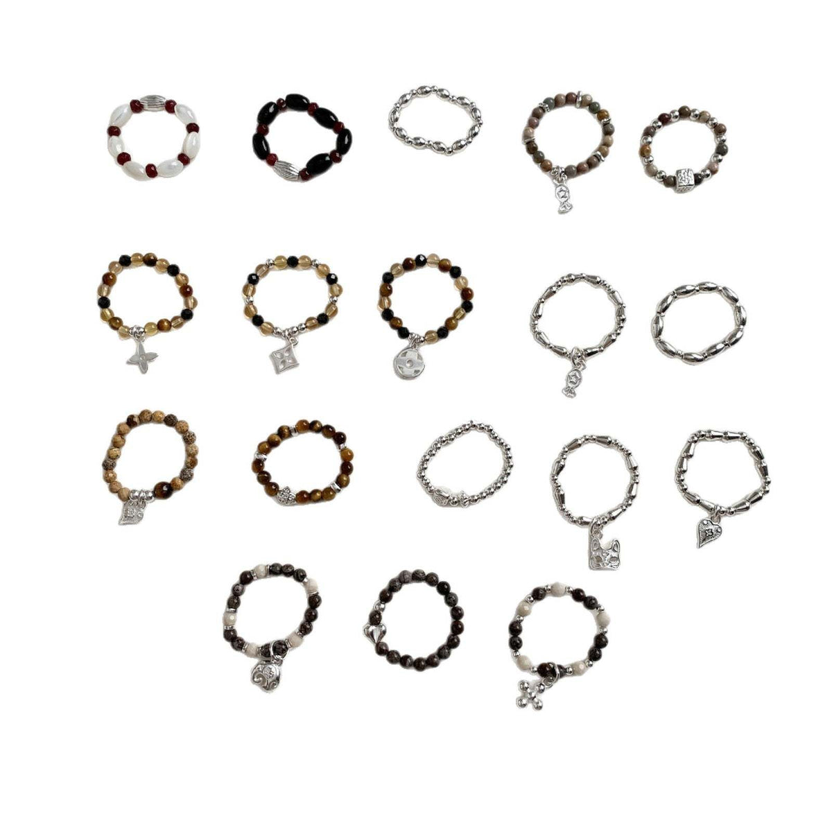 C廠-韓國輕奢小眾老花四葉草糖果十字架愛心大象米珠彈力S925純銀戒指「RC」25.11-4