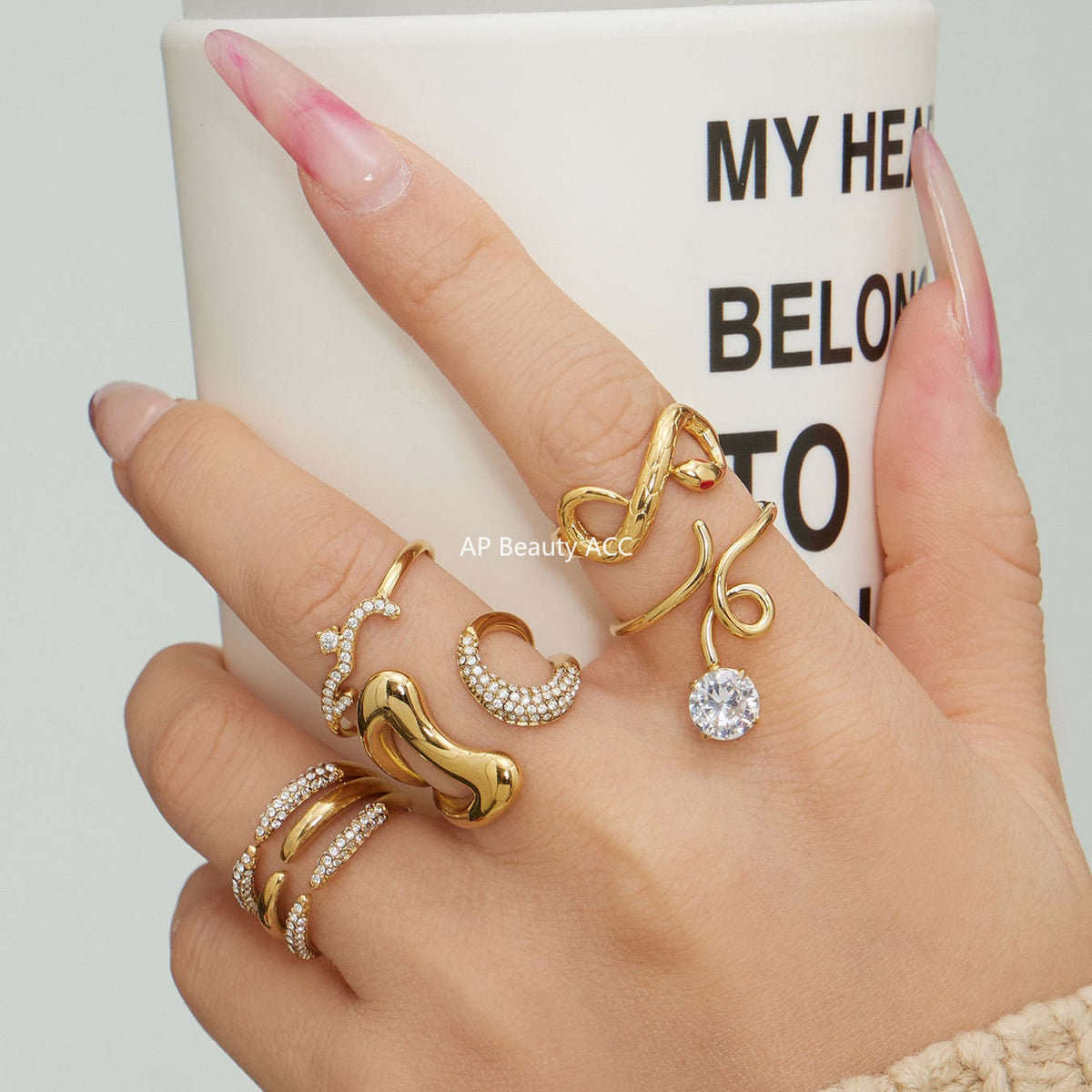 B廠-不鏽鋼細鑽鑲嵌鋯石開口戒指組合鍍18k真金INS小眾時尚設計手飾品「A382-A-A622-A674」25.12-3