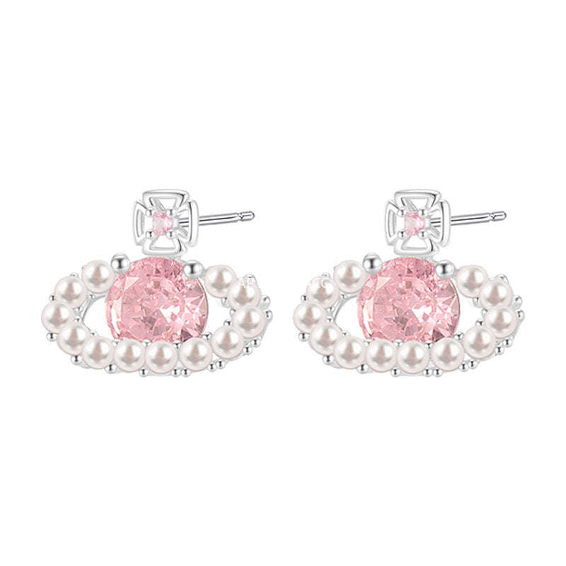 C廠-輕奢小香風粉鋯石星球耳釘女小眾甜美珍珠耳環時尚通勤百搭耳飾「EH-4313」25.12-3