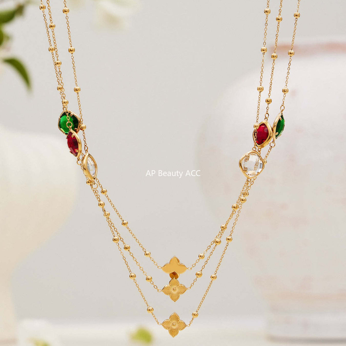 B廠-不鏽鋼四葉花鑲鋯石切麵包邊石頭手鍊長款毛衣鏈項鍊耳環首飾套裝「TXP509」25.12-1