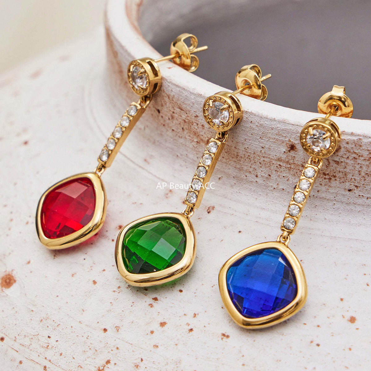 B廠-不鏽鋼四葉花鑲鋯石切麵包邊石頭手鍊長款毛衣鏈項鍊耳環首飾套裝「TXP509」25.12-1