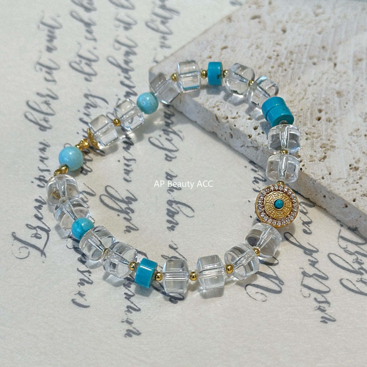 AS廠-時尚天然白水晶手鍊新款百搭綠松石設計925銀手鍊「l2927」25.10-4