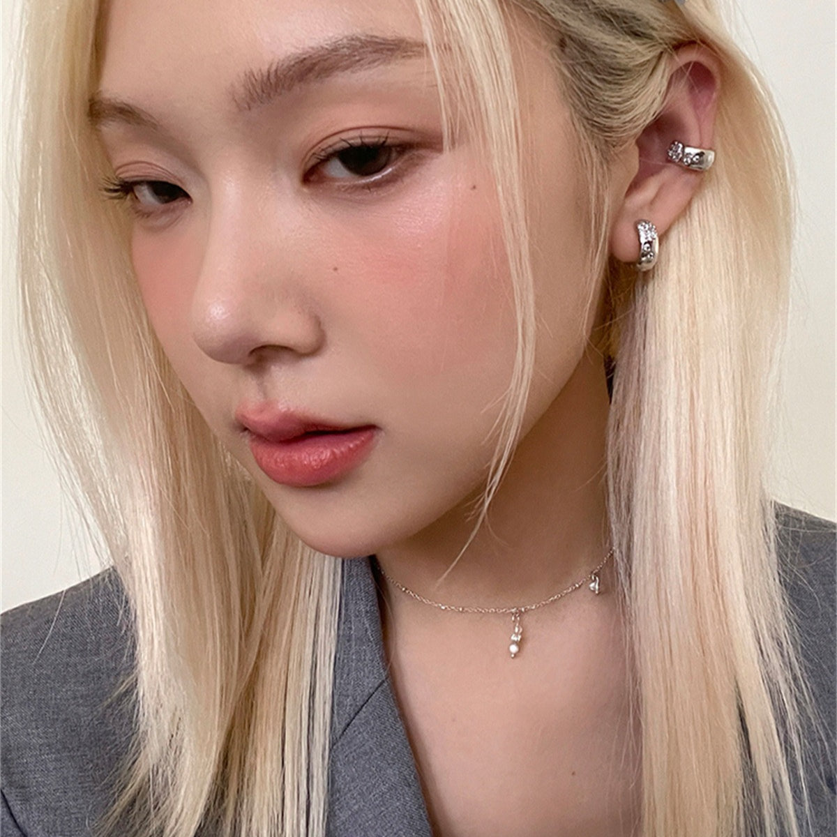 C廠-簡約冷淡風鋯石耳夾女秋冬新款冷淡風時尚氣質耳環百搭高級感耳飾「EJ-41」25.10-3