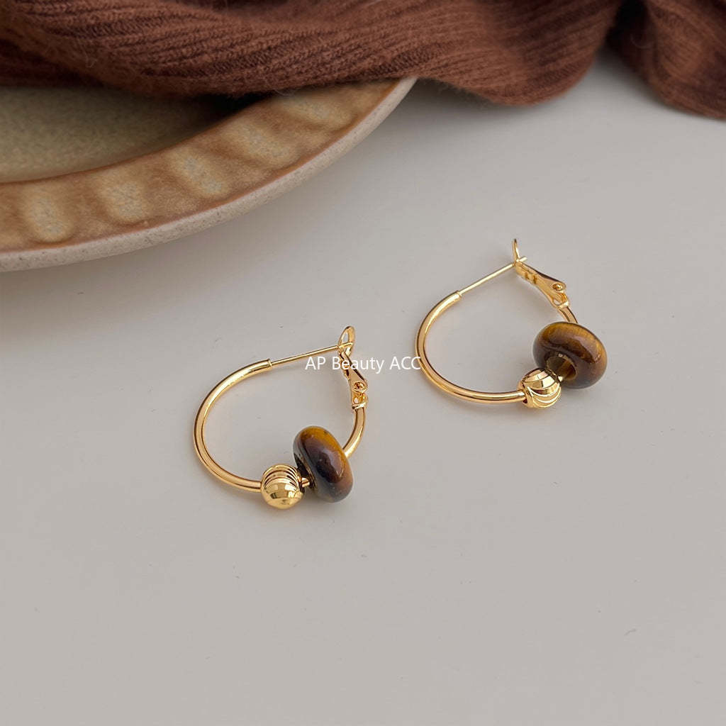 A廠-文藝復古天然石虎眼石圓形幾何銀針高級感耳環女圓圈新工廠「7113」25.11-3