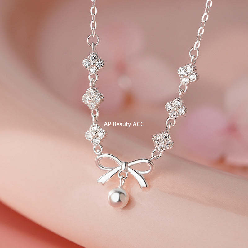 D廠-S999足銀淡雅四葉花蝴蝶結項鍊女甜美優雅氣質高級小眾鎖骨鏈「YC2220N_1」25.11-1