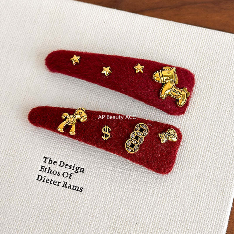 E廠-馬上有錢花新年紅色喜慶髮夾高級設計感豹紋側邊瀏海碎髮BB夾髮卡「27821」25.12-3