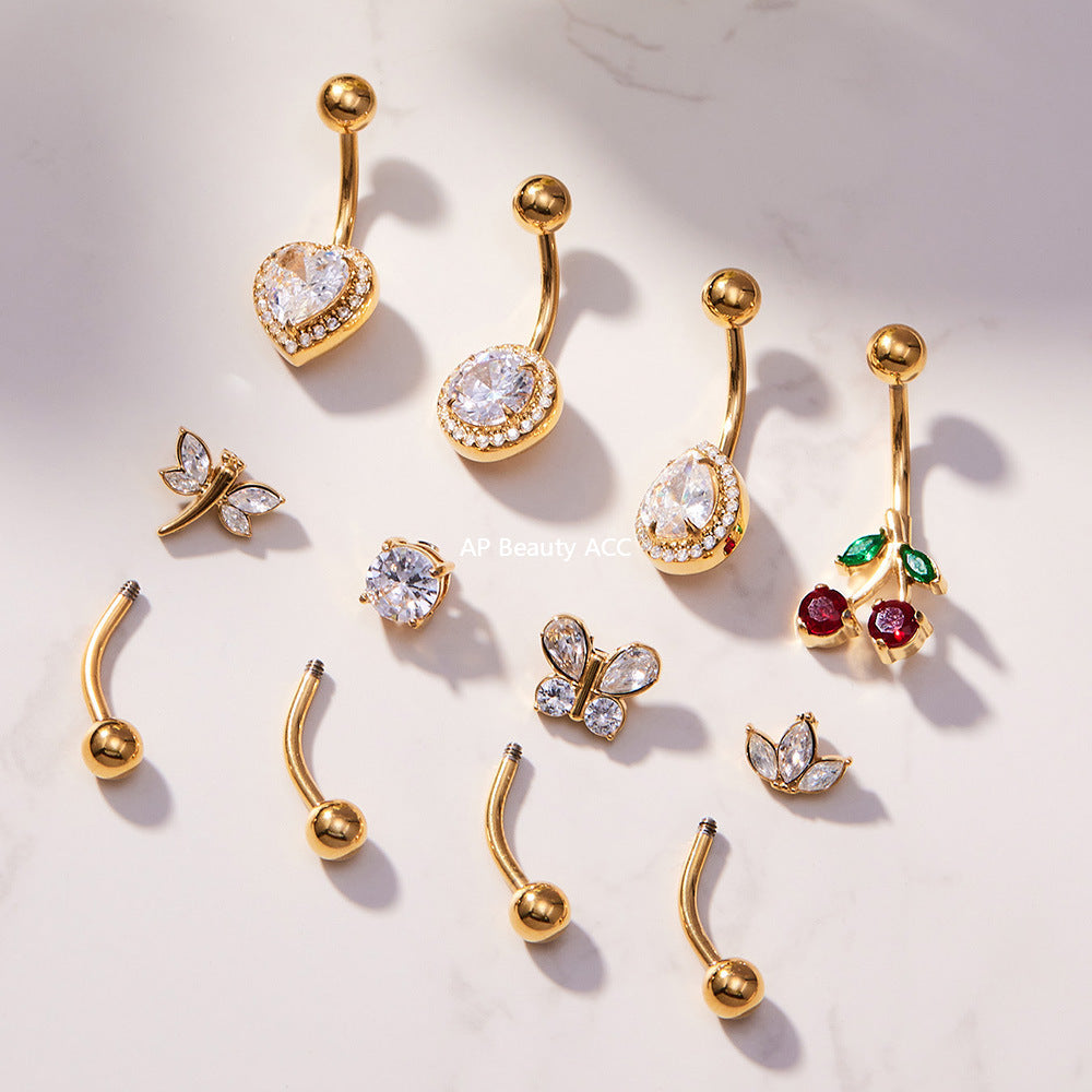 B廠-超閃5A鋯石愛心水滴造型肚臍釘不鏽鋼18k鍍金歐美穿刺飾品「H001」25.11-2