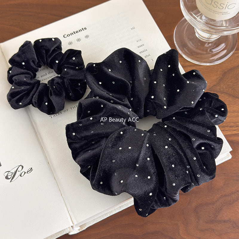 E廠-秋冬高級感韓系黑色絲絨燙鑽大腸髮圈百搭實用馬尾髮繩復古髮飾女「27641」25.11-1