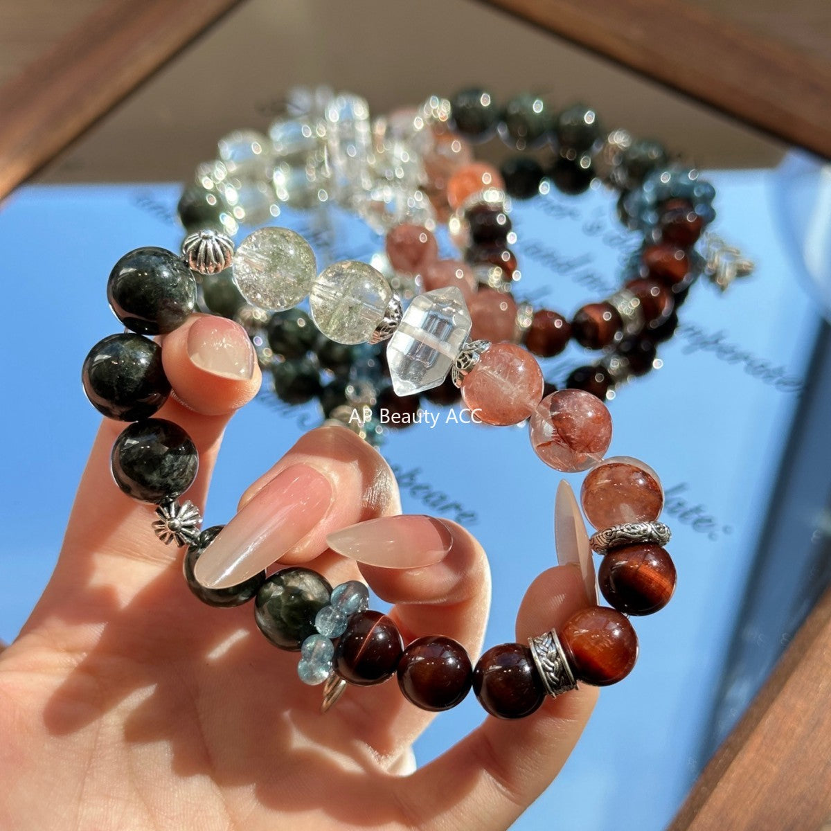 AS廠-天然綠髮晶紅虎眼紅膠花綠幽靈DIY設計多寶手鍊手串高級小眾「l2997」25.11-2