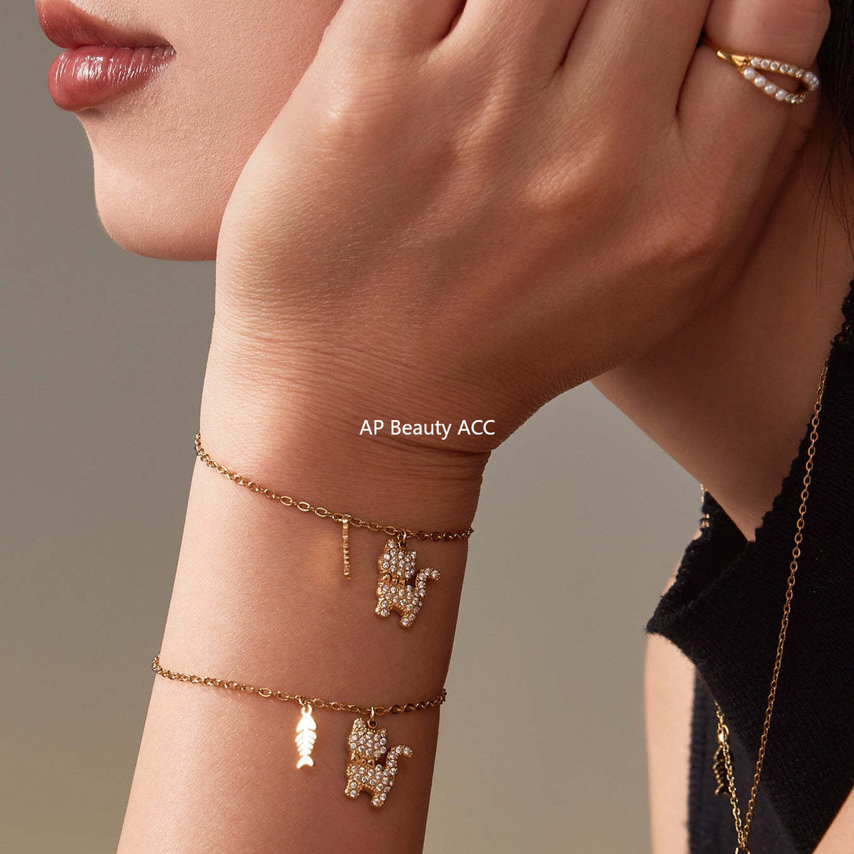 B廠-時尚可愛小貓帶鑽吊墜手鍊項鍊套裝不鏽鋼鍍18k真金不掉色「TXP464」25.11-3