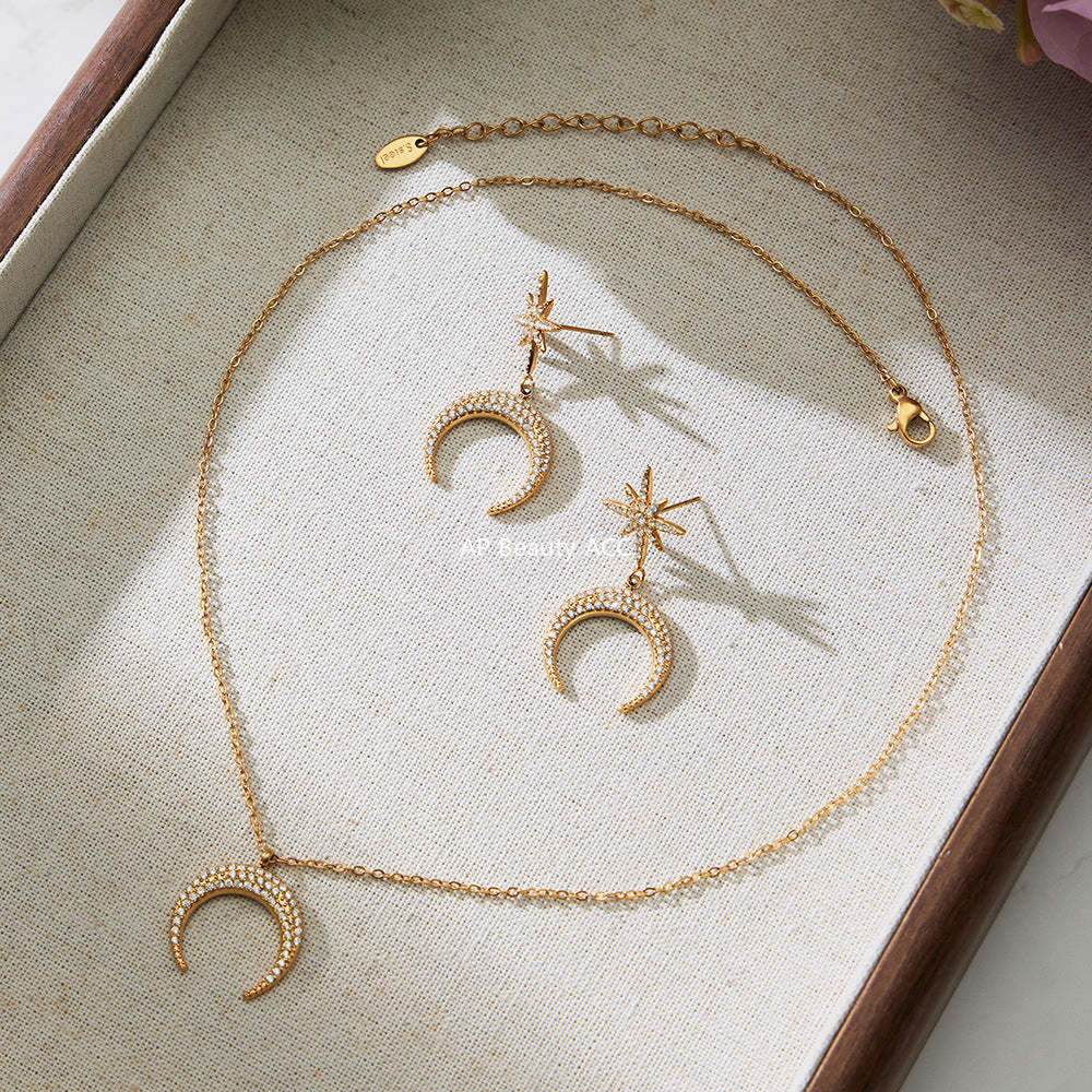 B廠-歐美熱銷新品不鏽鋼5A鋯石八芒星月牙吊墜耳環項鍊首飾套裝「TXP485」25.11-4