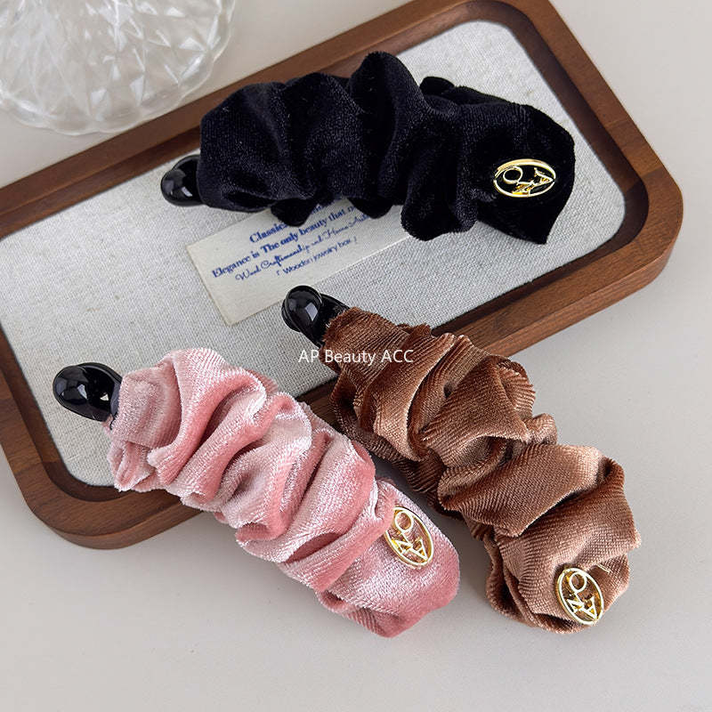 E廠-韓系褶皺絲絨香蕉夾女後腦勺髮夾馬尾竪夾氣質髮飾半扎髮抓夾頭飾「27709」25.11-3