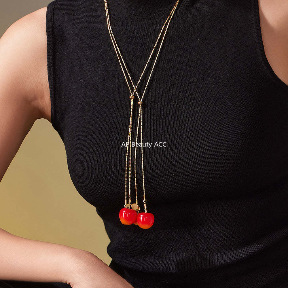 B廠-5A鋯石抽拉大小櫻桃吊墜毛衣項鍊不鏽鋼鍍18k真金珠寶首飾「P1366」25.11-3