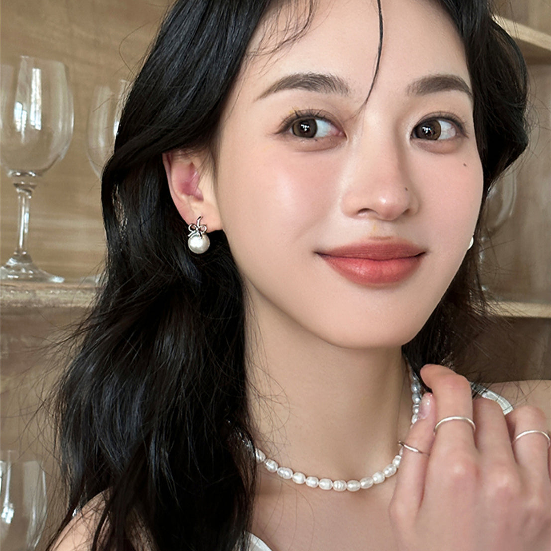 C廠-輕奢高級感銀針蝴蝶結耳釘女小眾氣質溫柔珍珠耳環時尚百搭耳飾「EH-3703」25.07-2