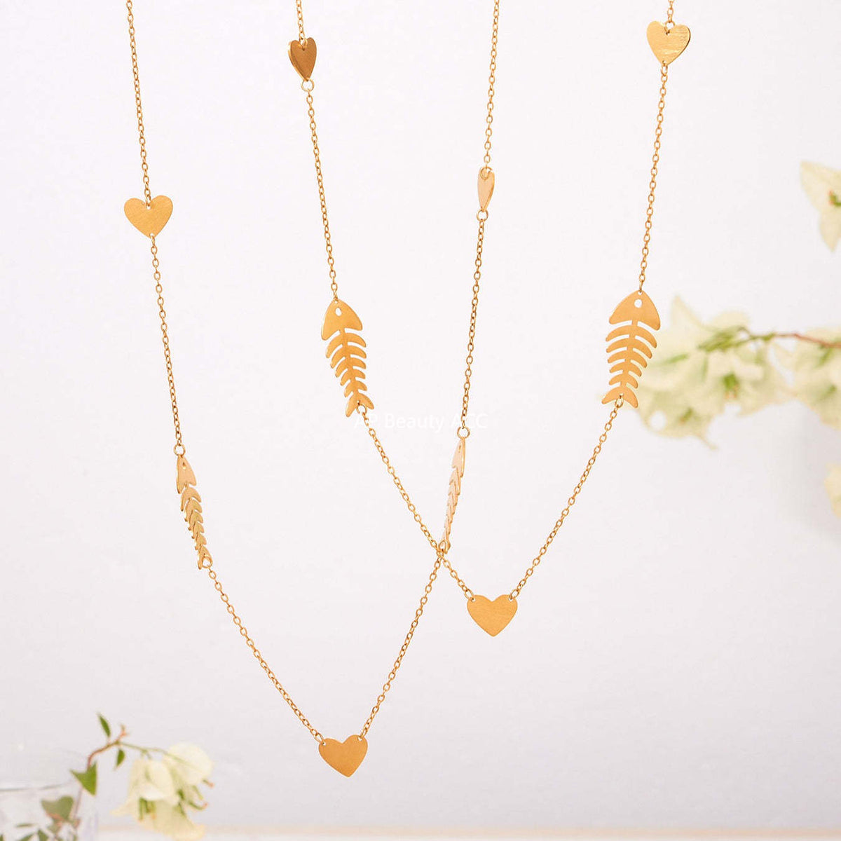 B廠-不鏽鋼18k鍍金魚骨愛心項鍊耳環戒指歐美氣質珠寶首飾套裝「TXP459」25.10-5