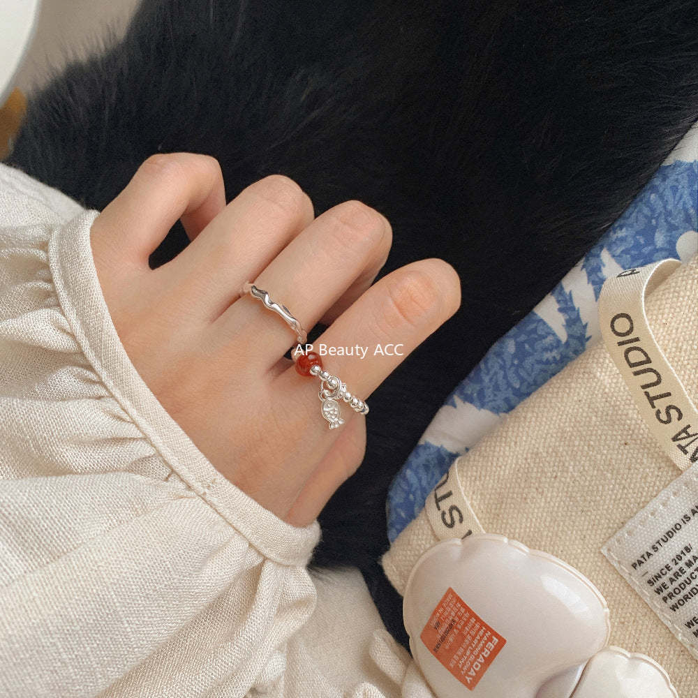 C廠-新中式國風古風小魚兒紅瑪瑙S925純銀戒指彈力戒指S925純銀手鍊「1511」25.11-3