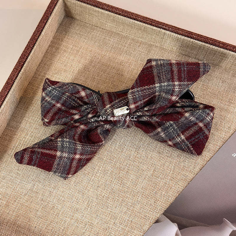 E廠-韓ins愛心波點毛呢格紋蝴蝶結金標後腦勺盤髮夾扎馬尾橫夾髮夾「27749」25.12-1