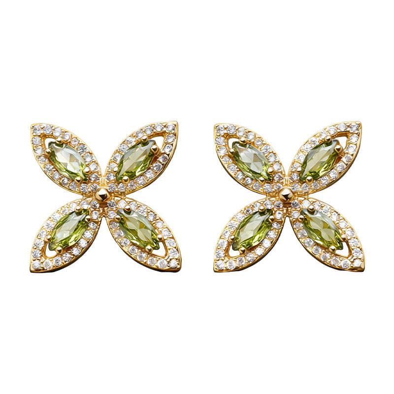 A廠-時尚高級感微鑲鋯石 925銀針幾何花朵新款耳環輕奢風橄欖綠耳環女「7194」25.12-1