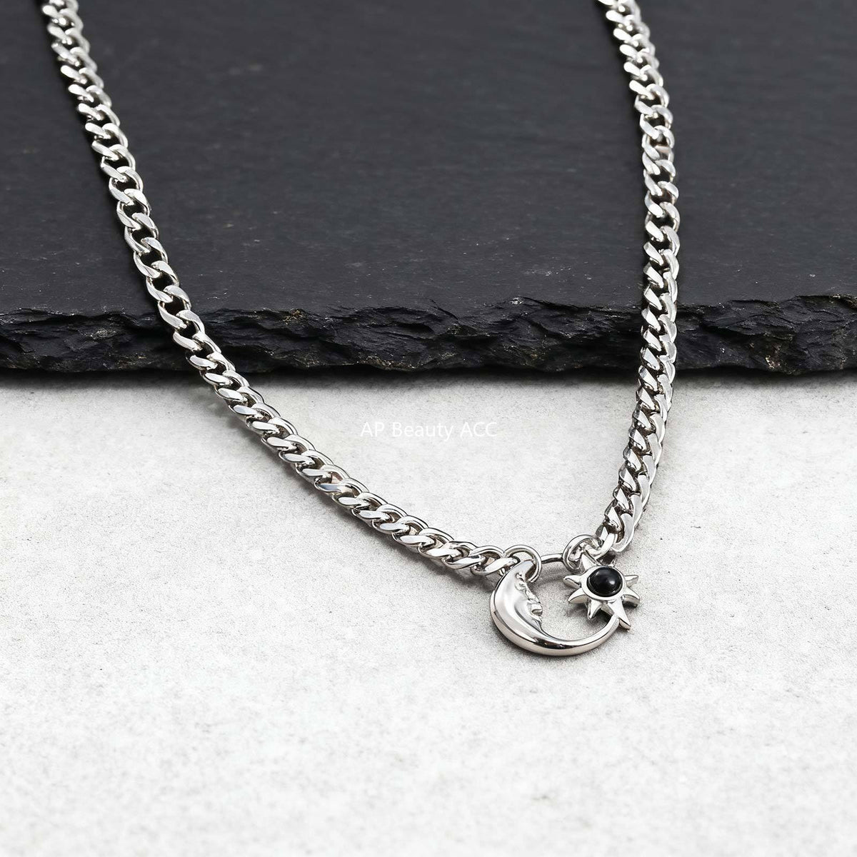 G廠-不鏽鋼六面磨鏈星月項鍊太陽星星月亮蛋白石吊墜項鍊鋼色「NC-2407」25.12-2