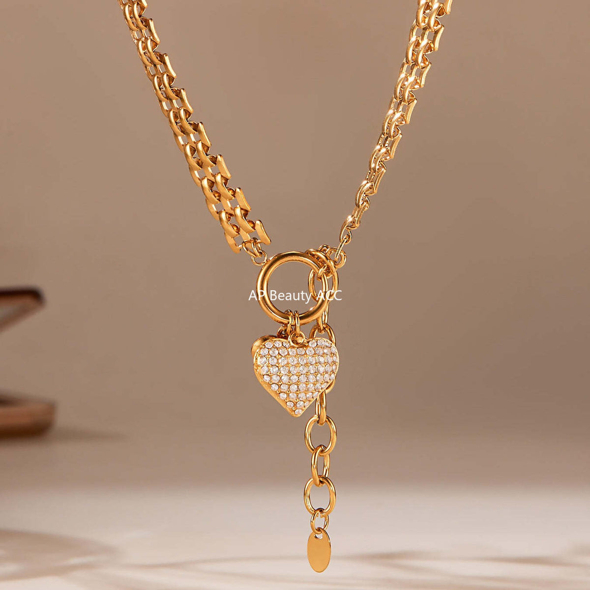 B廠-新款錶帶鏈彈工扣滿鑽鋯石愛心吊墜項鍊手鍊套裝不鏽鋼材質「TXP476」25.11-3