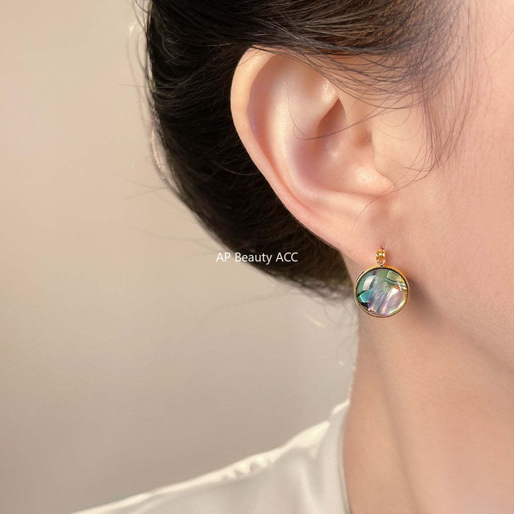 A廠-鮑魚貝！時尚高級感輕奢風中古圓形幾何雙面耳飾工廠貝殼耳環飾品「7101」25.11-4