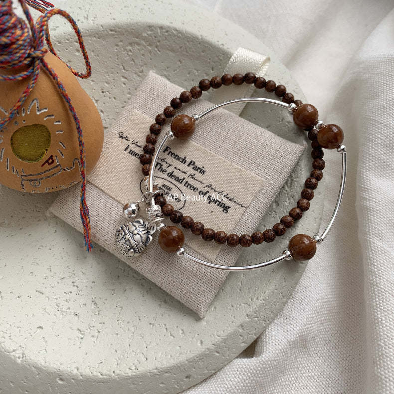 C廠-古風招財貓菩提金絲楠木S925純銀手鍊通體銀「1531」25.11-3