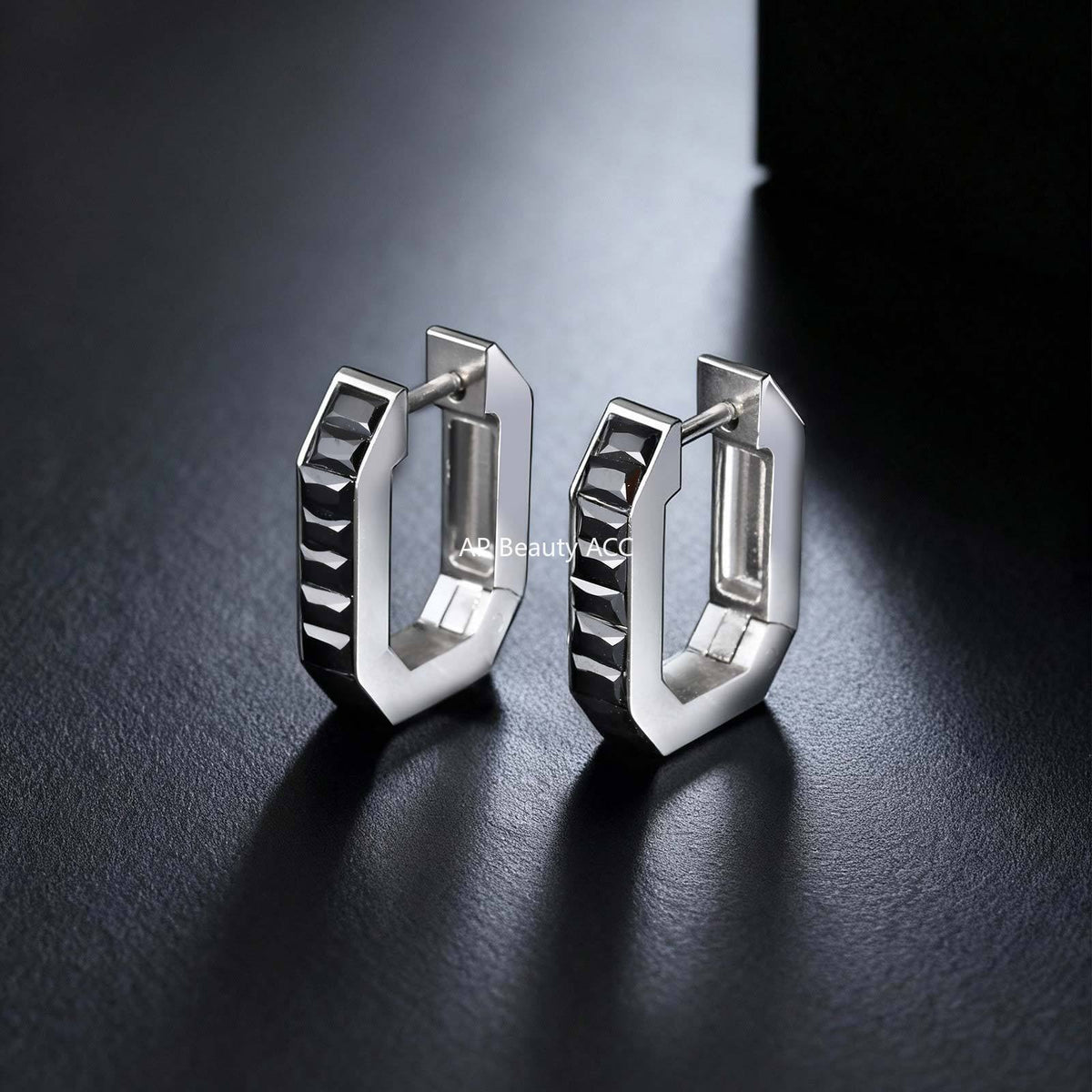 G廠-不鏽鋼黑色水鑽八邊形潮流玩家INS 風男友風耳圈鋼色「EH-802」25.12-1