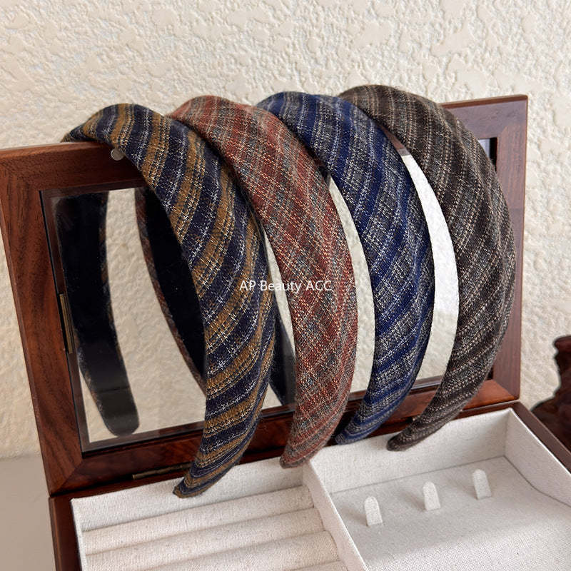 E廠-韓國經典復古格紋凹凸髮箍女2025新款法式高顱頂寬邊氣質頭箍髮飾「27675」25.11-3
