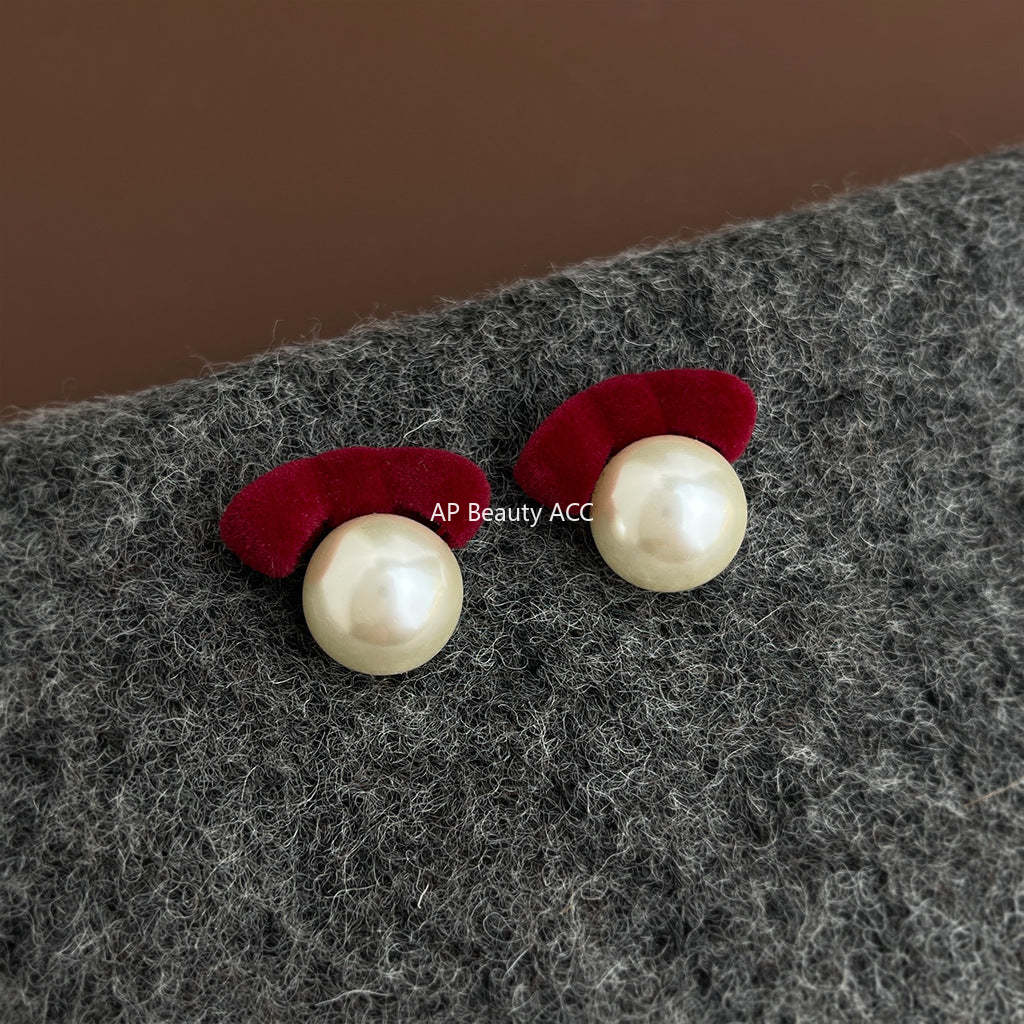 A廠-冬天款文藝復古酒紅植絨溫暖新款銀針蝴蝶結珍珠耳環氣質耳飾「7134-7135」25.11-3