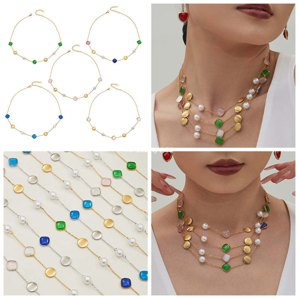 B廠-不鏽鋼貓眼石多色手工串膠珠鎖骨項鍊鍍18k真金質感女款珠寶首飾「P822」25.12-2