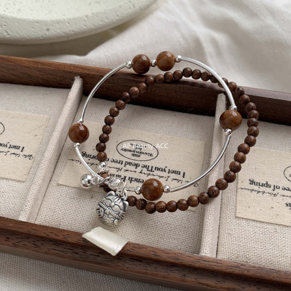 C廠-古風招財貓菩提金絲楠木S925純銀手鍊通體銀「1531」25.11-3