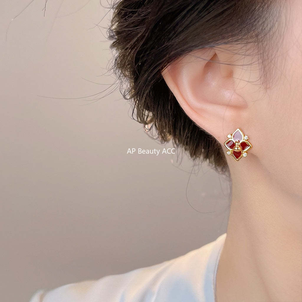 A廠-福祿~葫蘆原創設計925銀針微鑲鋯石琺瑯滴釉酒紅色芒星耳釘耳飾女「6988」25.10-5