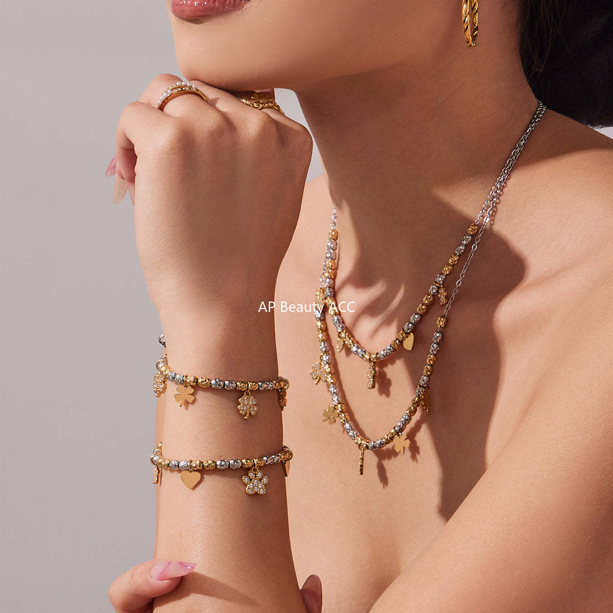 B廠-簡約不鏽鋼拼色項鍊手鍊套裝四葉草鑲嵌鋯石吊墜鍍18k真金「TXP467-TXE467」25.11-3