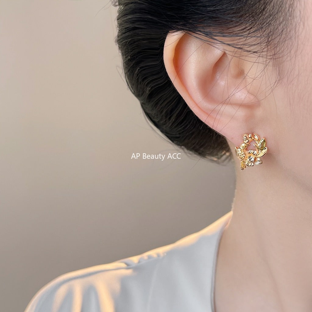 A廠-原創輕奢風時尚高級感925銀針設計感花環鳥耳環新款耳飾工廠 飾品「7036」25.11-1