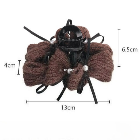 E廠-秋冬氛圍感韓系兔毛毛線珍珠絲帶蝴蝶結抓夾後腦勺髮夾精緻鯊魚夾「27667」25.11-2