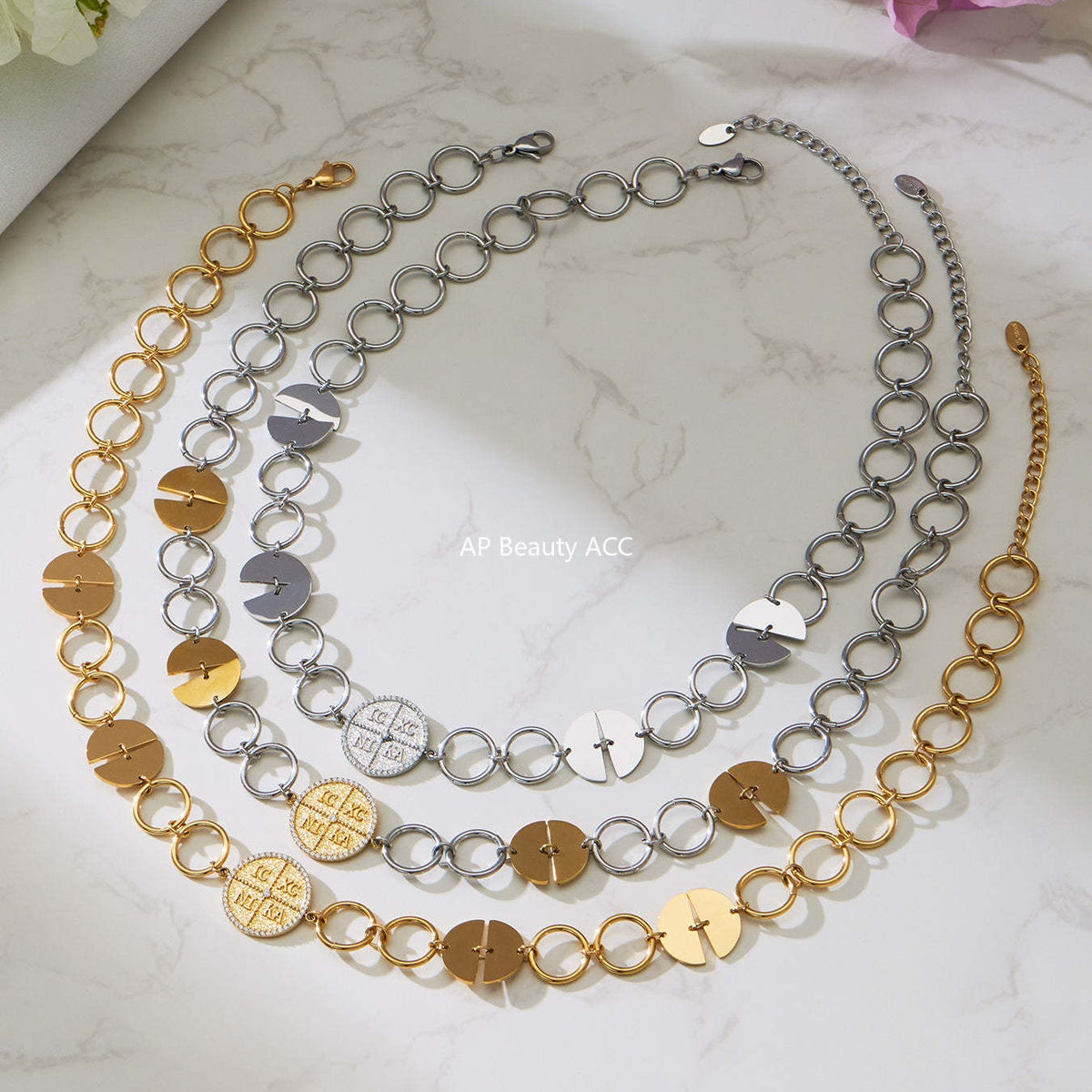 B廠-歐美新款配飾不鏽鋼圓片字母鑲嵌鋯石項鍊手鍊套裝鍍18k金「TXP488」25.11-4