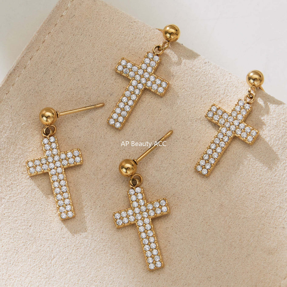 B廠-不鏽鋼超閃5A鋯石十字架戒指耳環項鍊手鍊首飾套裝鍍18k金不掉色「TXP503」25.11-4