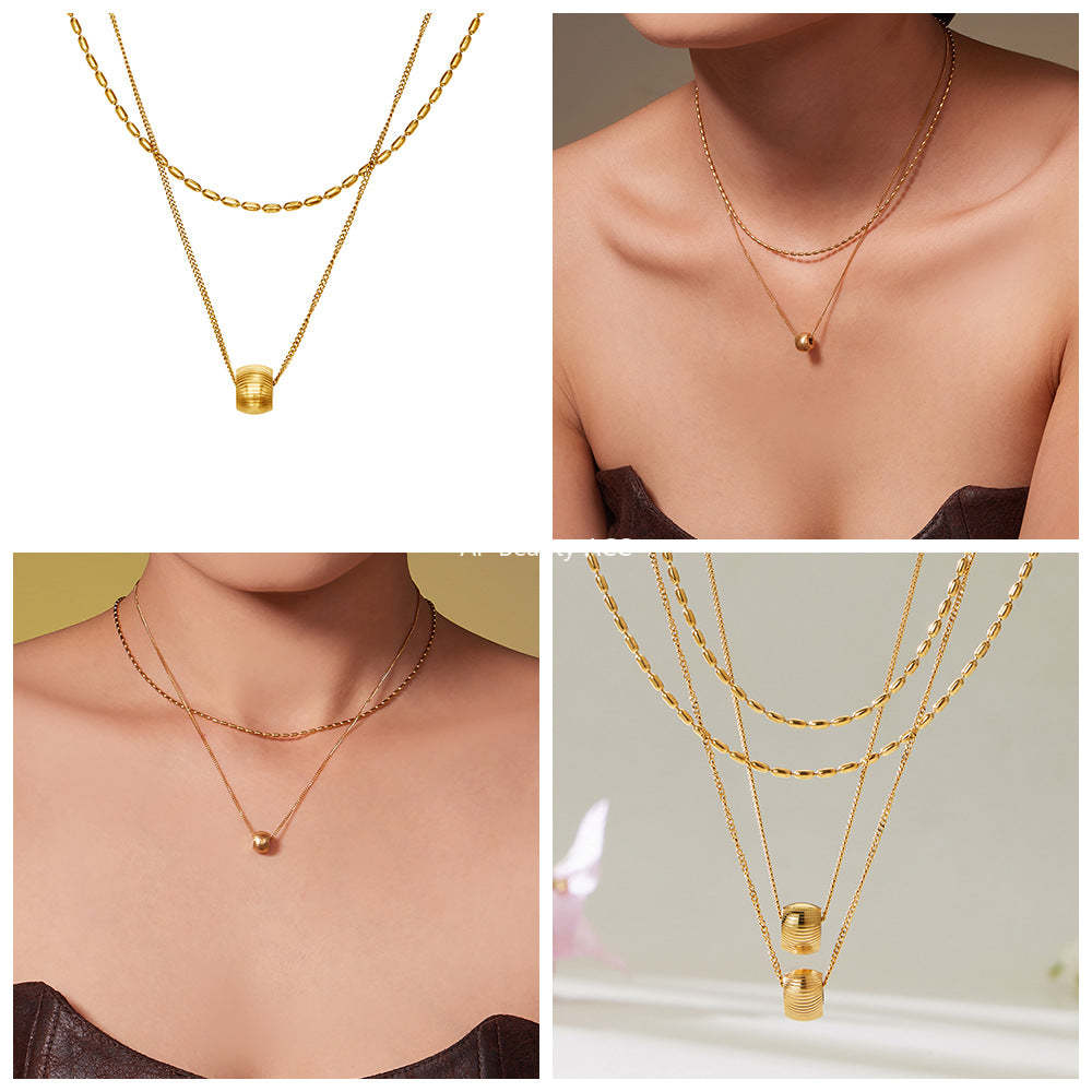 B廠-ins風個性時尚轉運站吊墜雙層鎖骨項鍊不鏽鋼鍍18k真金首飾「P877」25.11-4