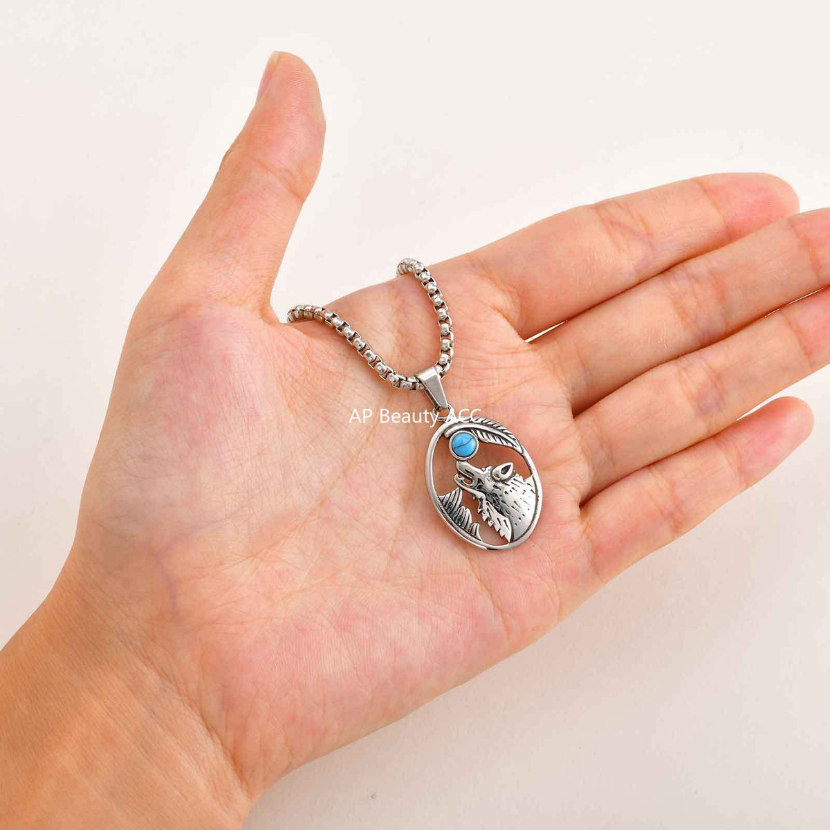 G廠-不鏽鋼狼頭綠松石吊墜歐美狼頭復古個性嘻哈吊墜時尚項鍊「PN-2231」25.11-1