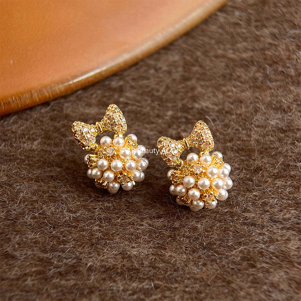 A廠-時尚高級感小香風s925銀針微鑲鋯石蝴蝶結幾何清新甜美耳環女「7204」25.12-2