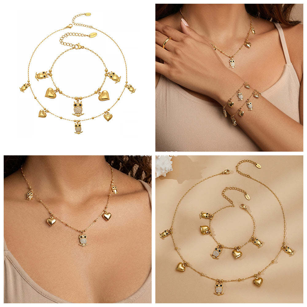 B廠-不鏽鋼貓頭鷹鑲鋯石DIY多配件愛心吊墜項鍊手鍊首飾套裝鍍18k真金「TXP528」25.12-3