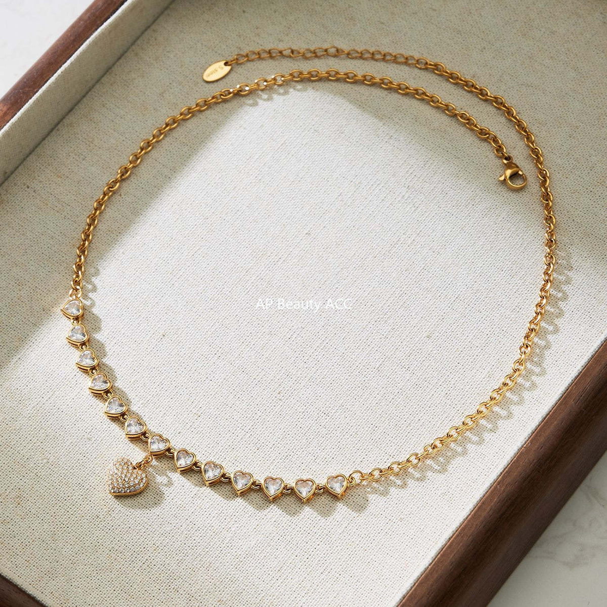 B廠-超閃5A鋯石滿鑽15個愛心鎖骨項鍊不鏽鋼鍍18k真金珠寶首飾「P970」25.11-4