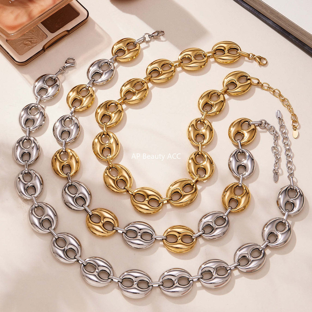 B廠-時尚輕奢風光面橢圓形豬鼻子項鍊手鍊套裝不鏽鋼鍍18k真金「TXP466」25.11-3