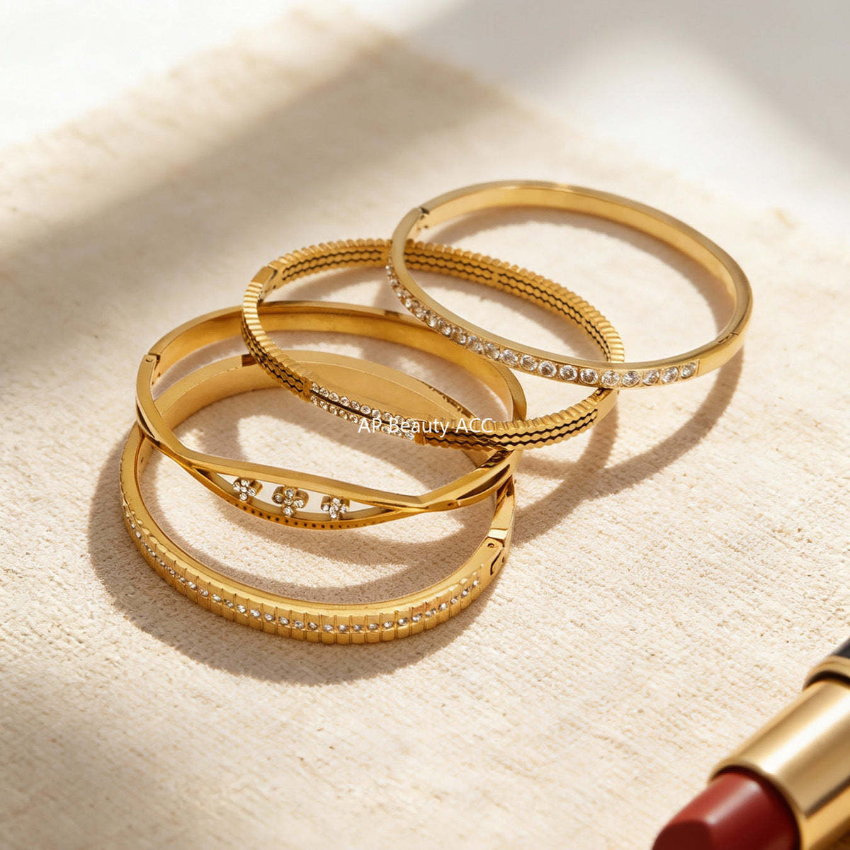 B廠-不鏽鋼單排鑽鋯石卡扣手鐲組合歐美時尚潮酷手飾品鍍18k金不掉色「Z512-15」25.12-2