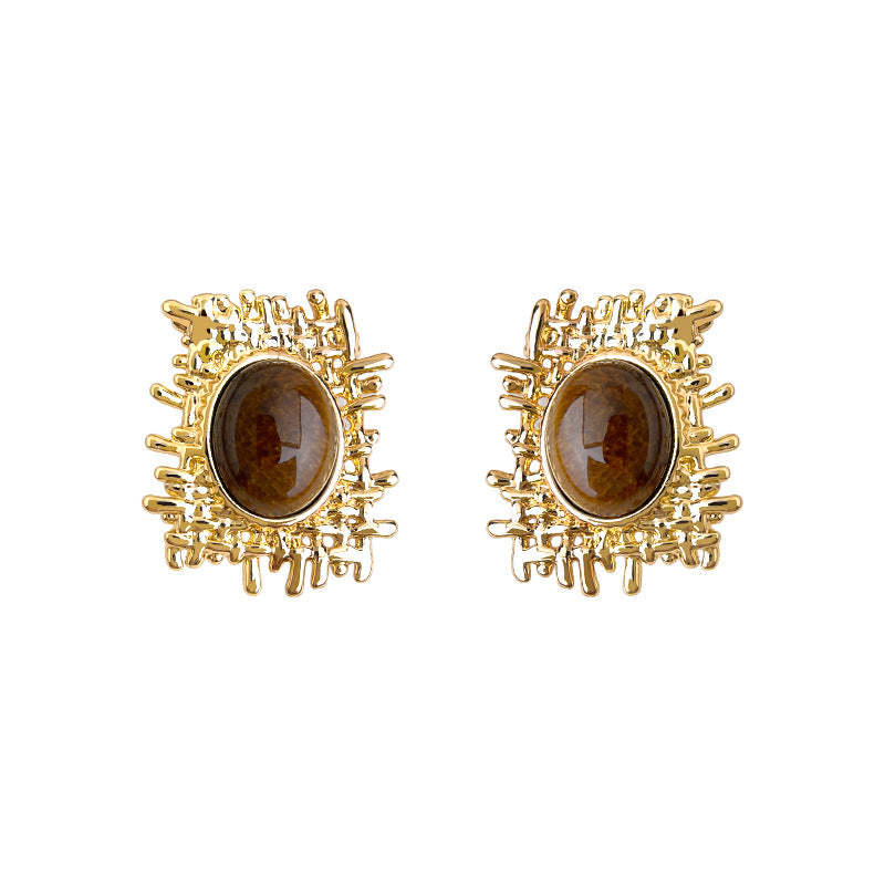 A廠-美拉德風虎眼石天然石設計師款不規則網狀秋冬新款耳飾工廠耳環女「6977」25.10-5