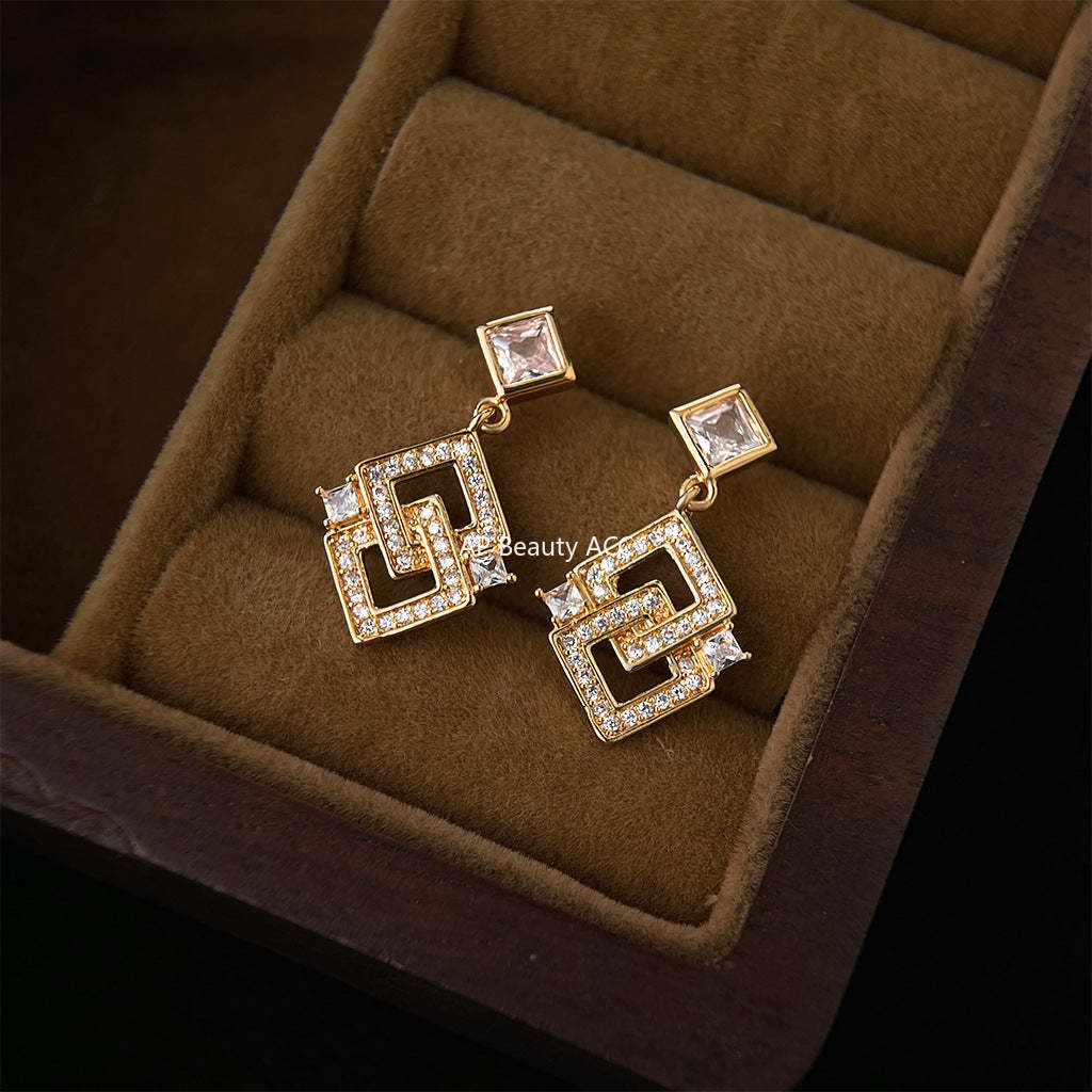A廠-原創高級感時尚幾何微鑲鋯石方形輕奢風925銀針鍍14K耳飾工廠耳環「7197」25.12-1