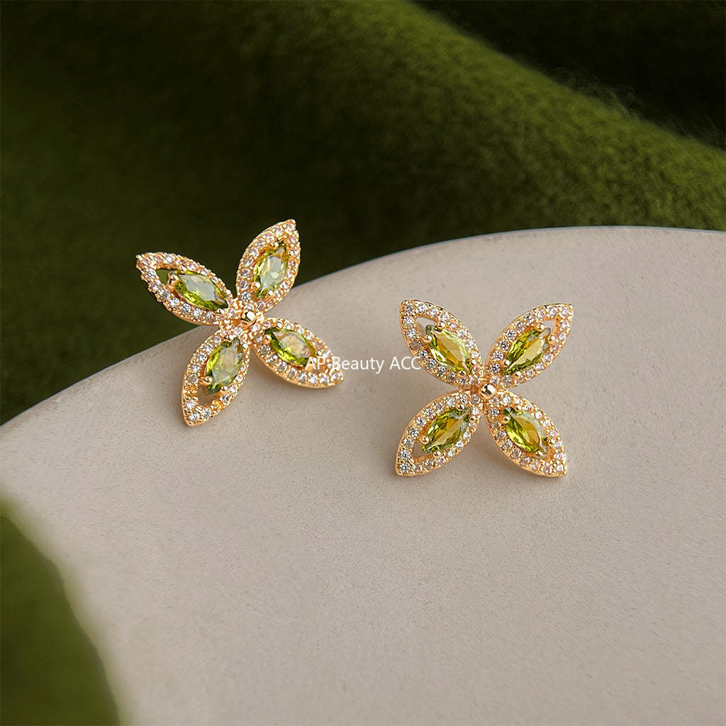 A廠-時尚高級感微鑲鋯石 925銀針幾何花朵新款耳環輕奢風橄欖綠耳環女「7194」25.12-1